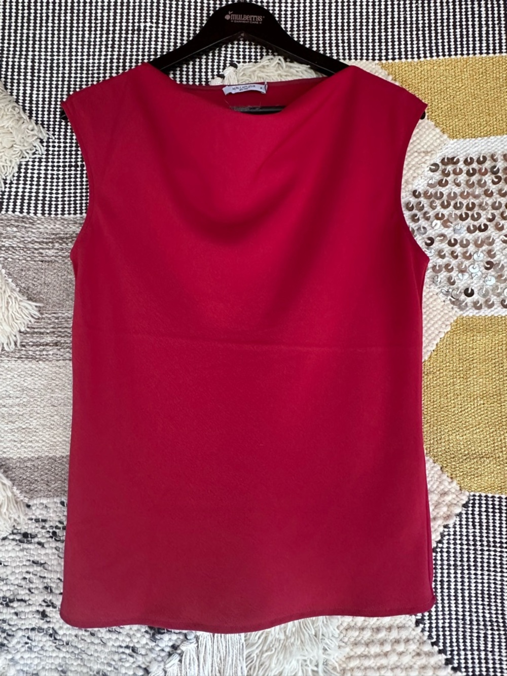 Sleeveless Red shirt with cowl neckline.- Elegant Minimalist